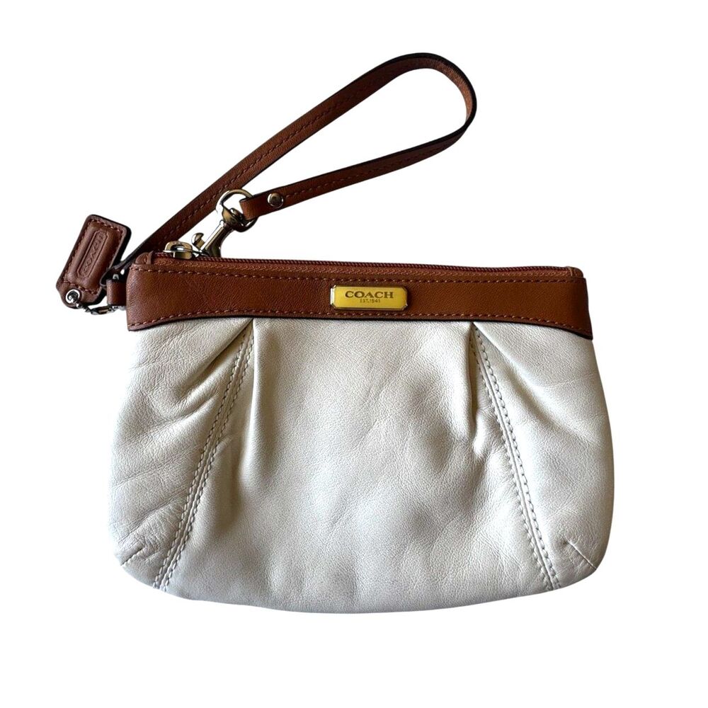 Coach Madison Pleated Leather Wristlet Ivory Cognac Brown Contrast Trim